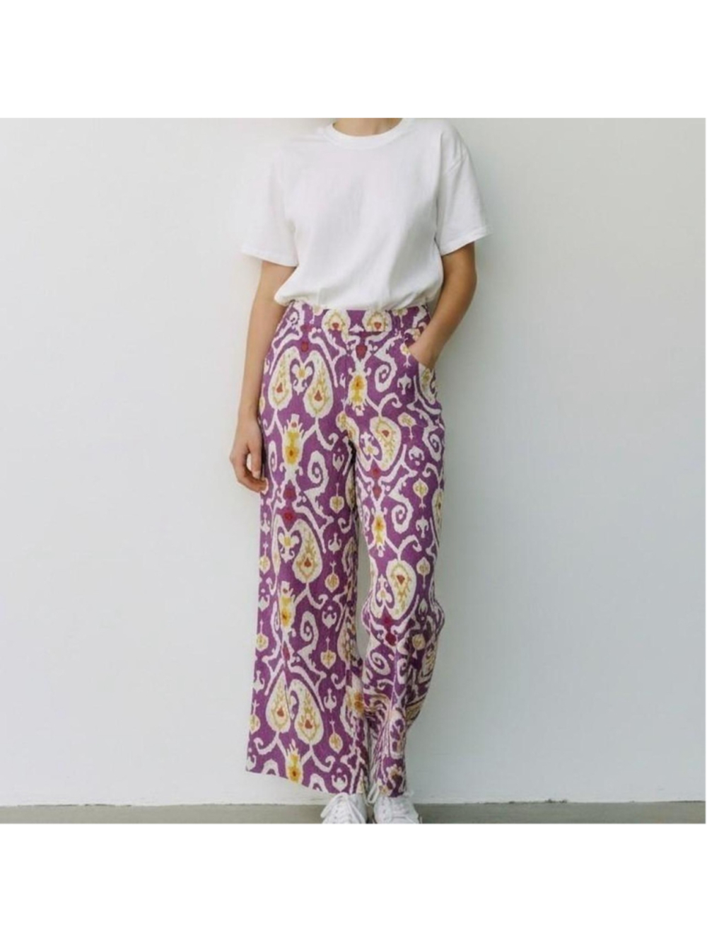 Christian Siriano Wide Leg Linen Pants in Moroccan Purple and Yellow Size Medium